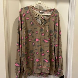 Plus Size White Birch V Neck Taupe and Pink Leopard Print Long Sleeve Shirt 1X
